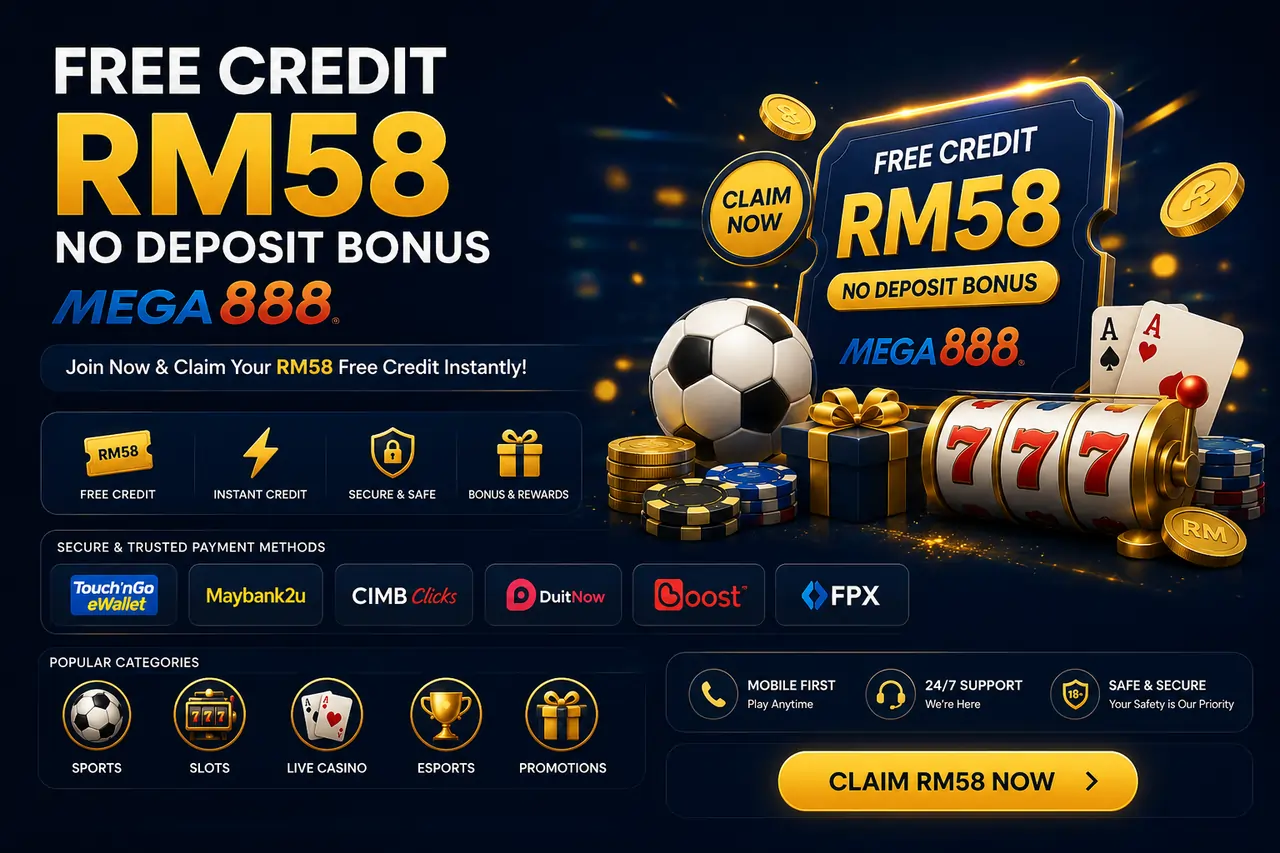RM58 Free Credit No Deposit — Mega888, with playing cards and casino chips